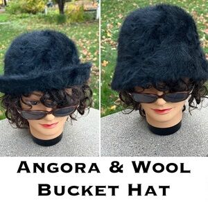 🐑NWOT? Angora + Wool SOFT Black Faux Fur Bucket Hat / Cloche / Collapsible